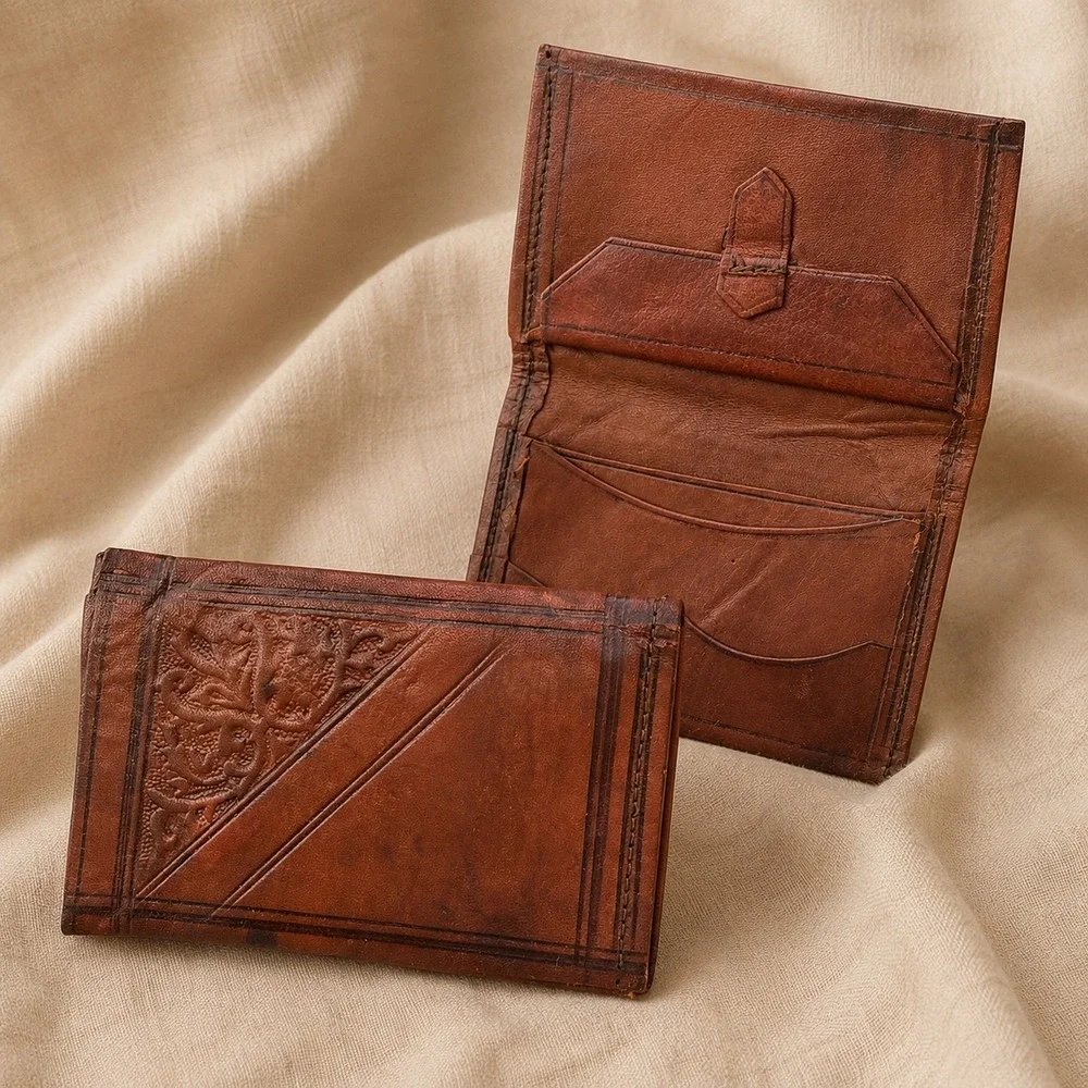 Vintage Tooled Leather Bifold Wallet Brown Boho Western Artisan Handmade